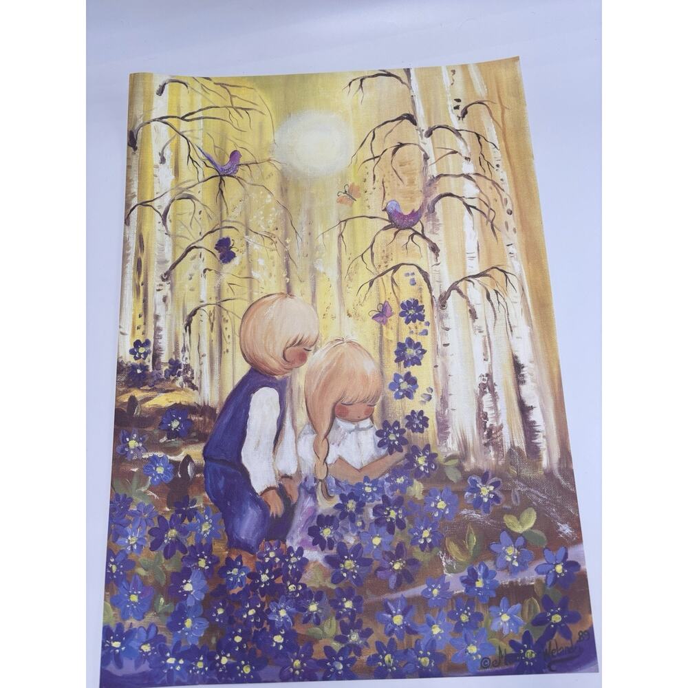 Swedish Art Print Marianne Welander Girl & Boy Spring Flower Unframed 24x17 1989